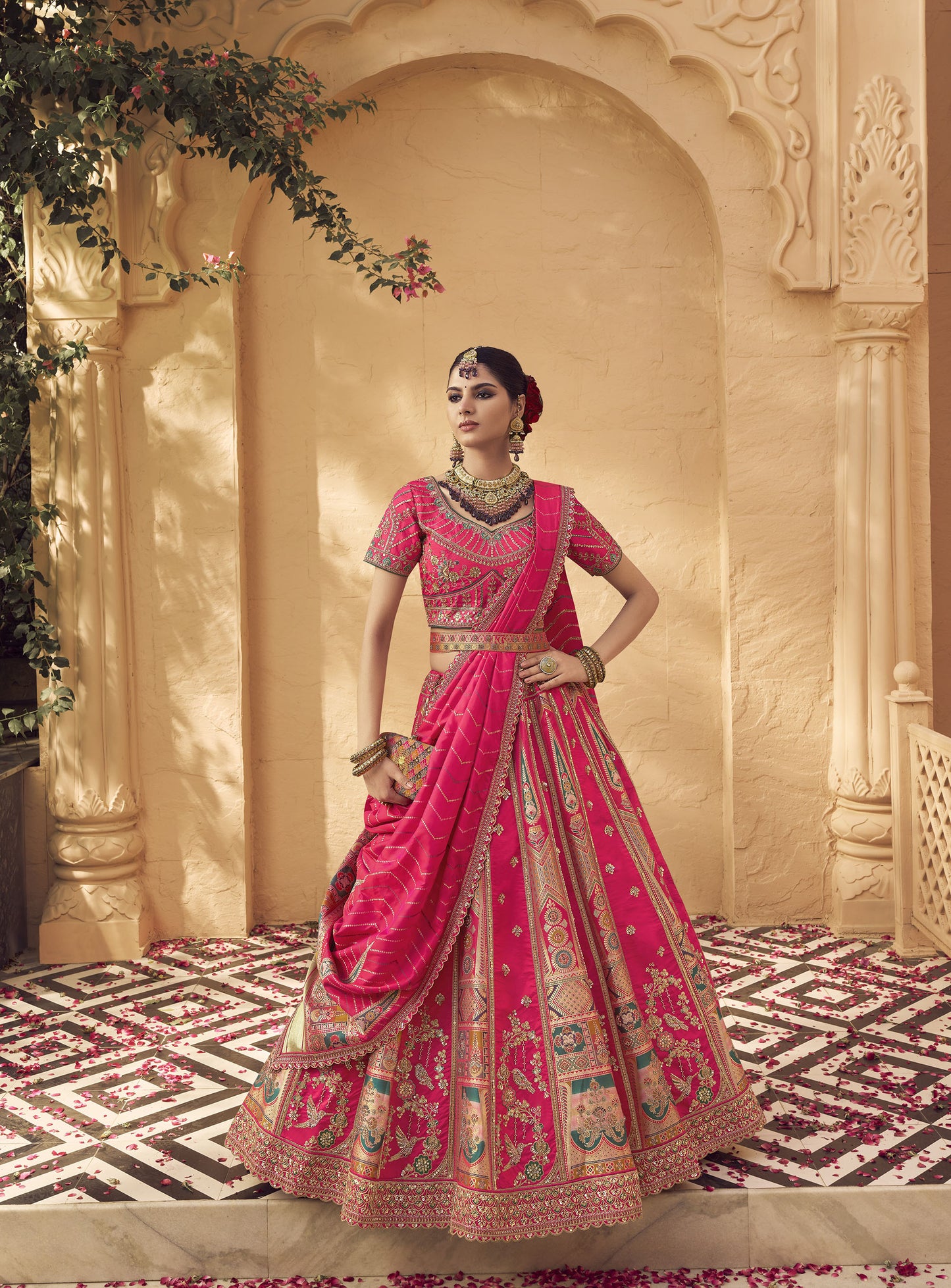 Dark Pink Banarasi Silk Zarkan & Cutwork Embroidery Bridal Lehenga