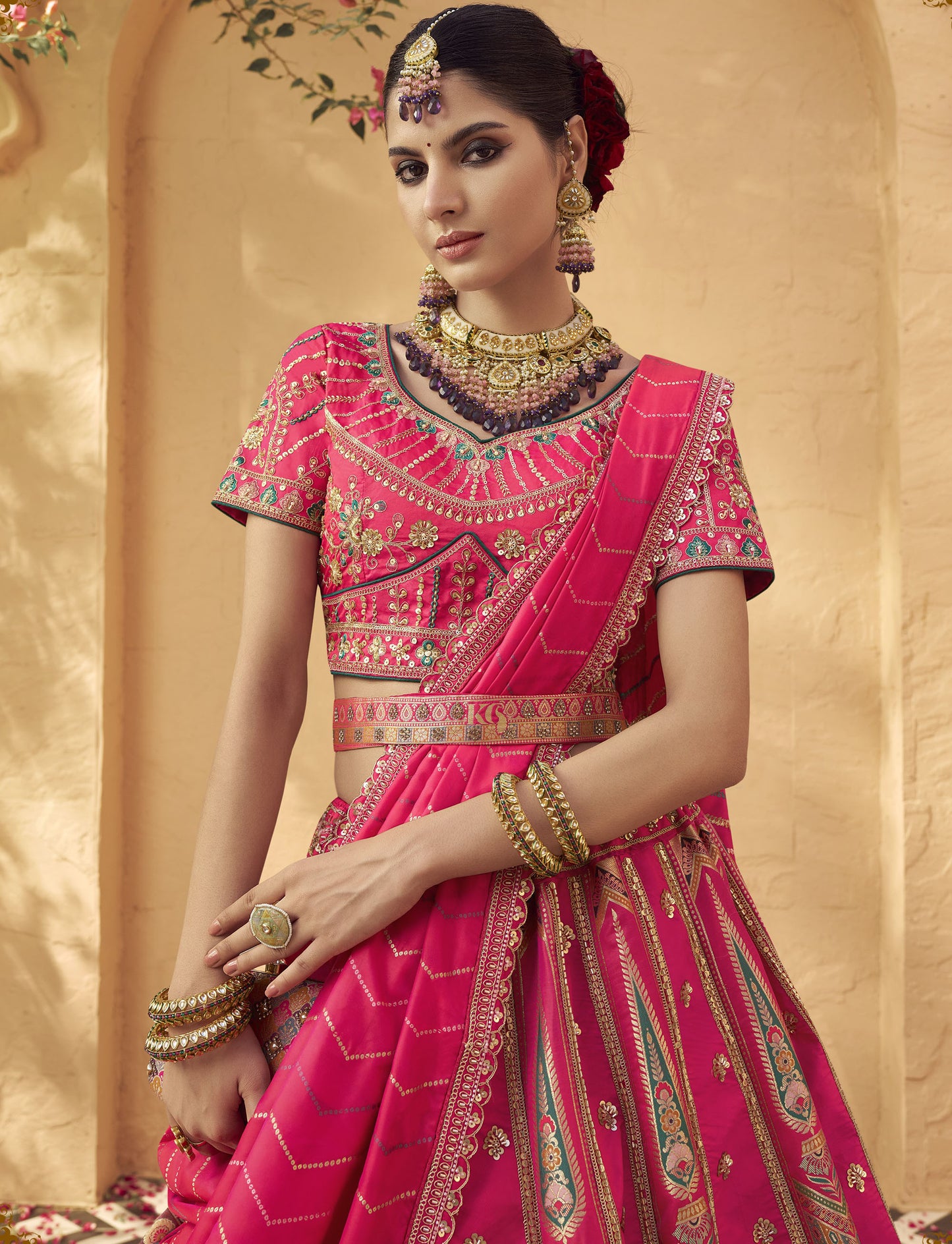 Dark Pink Banarasi Silk Zarkan & Cutwork Embroidery Bridal Lehenga