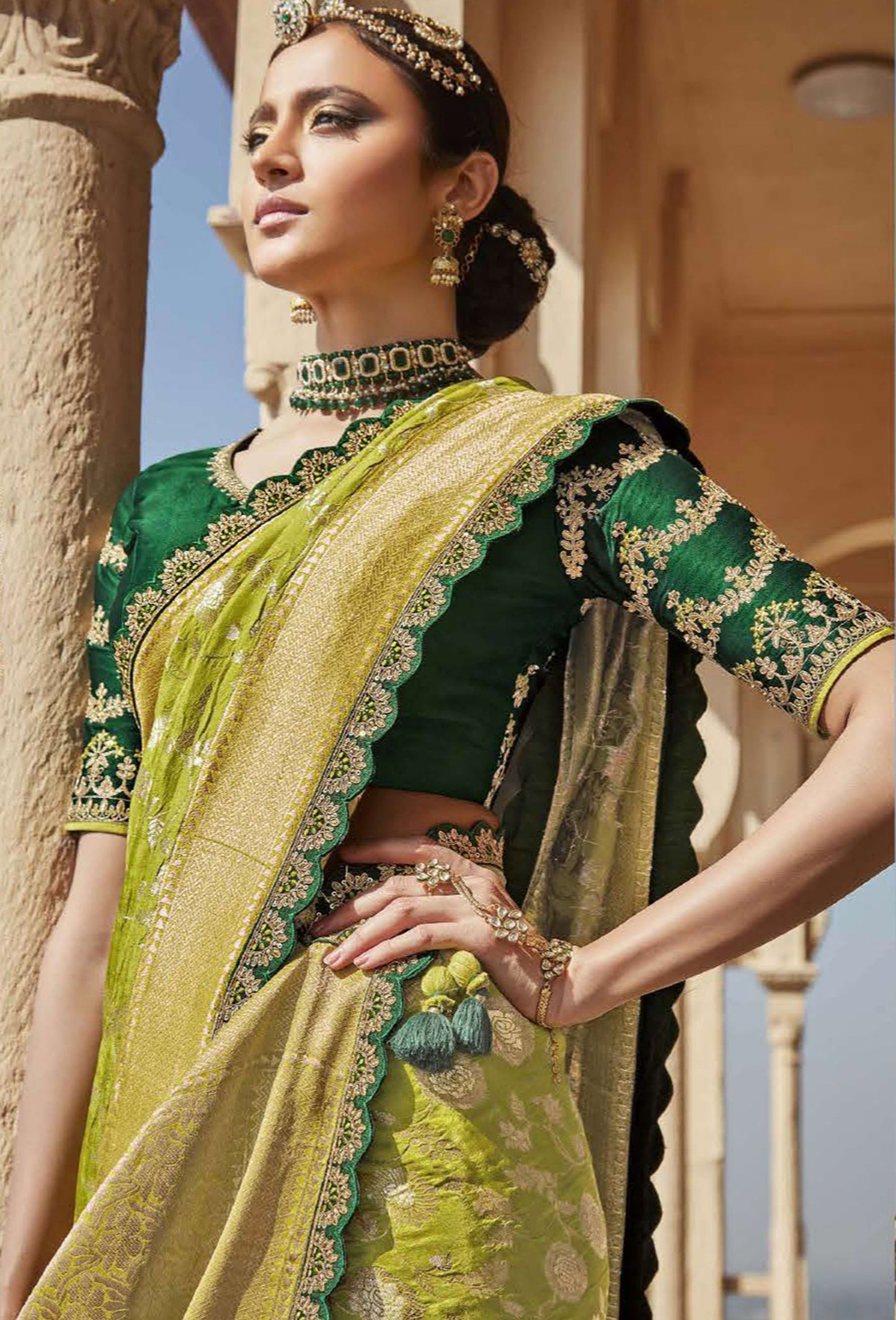 Olive Green Dola Silk Sequins Sindhuri Rani Wedding saree