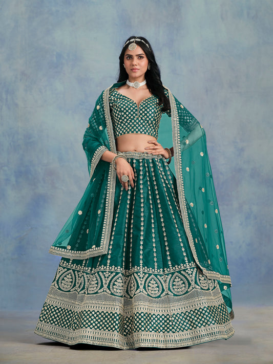 Rama Green Art Silk Heavy Sequins Embroidered Sangeet Lehenga
