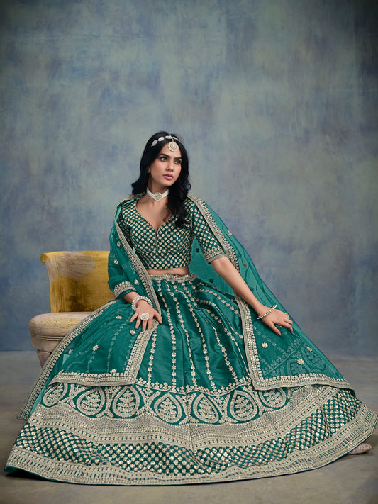 Rama Green Art Silk Heavy Sequins Embroidered Sangeet Lehenga