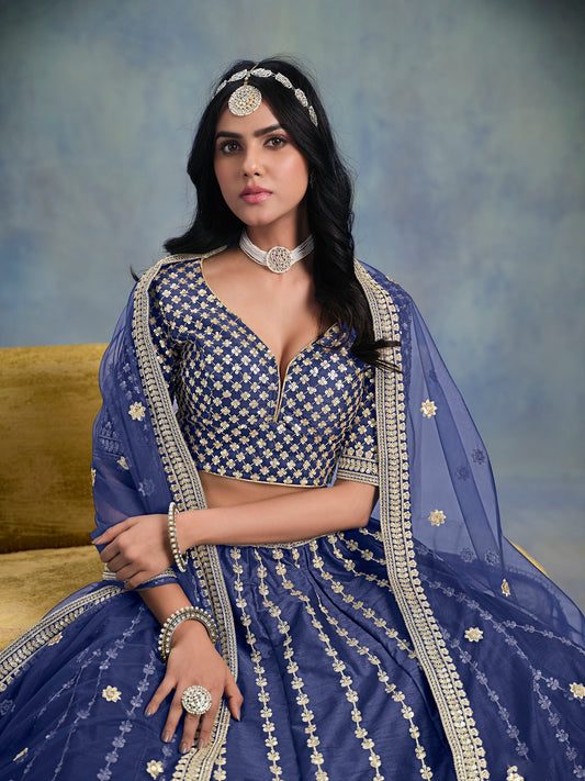 Navy Blue Art Silk Heavy Sequins Embroidered Reception Lehenga