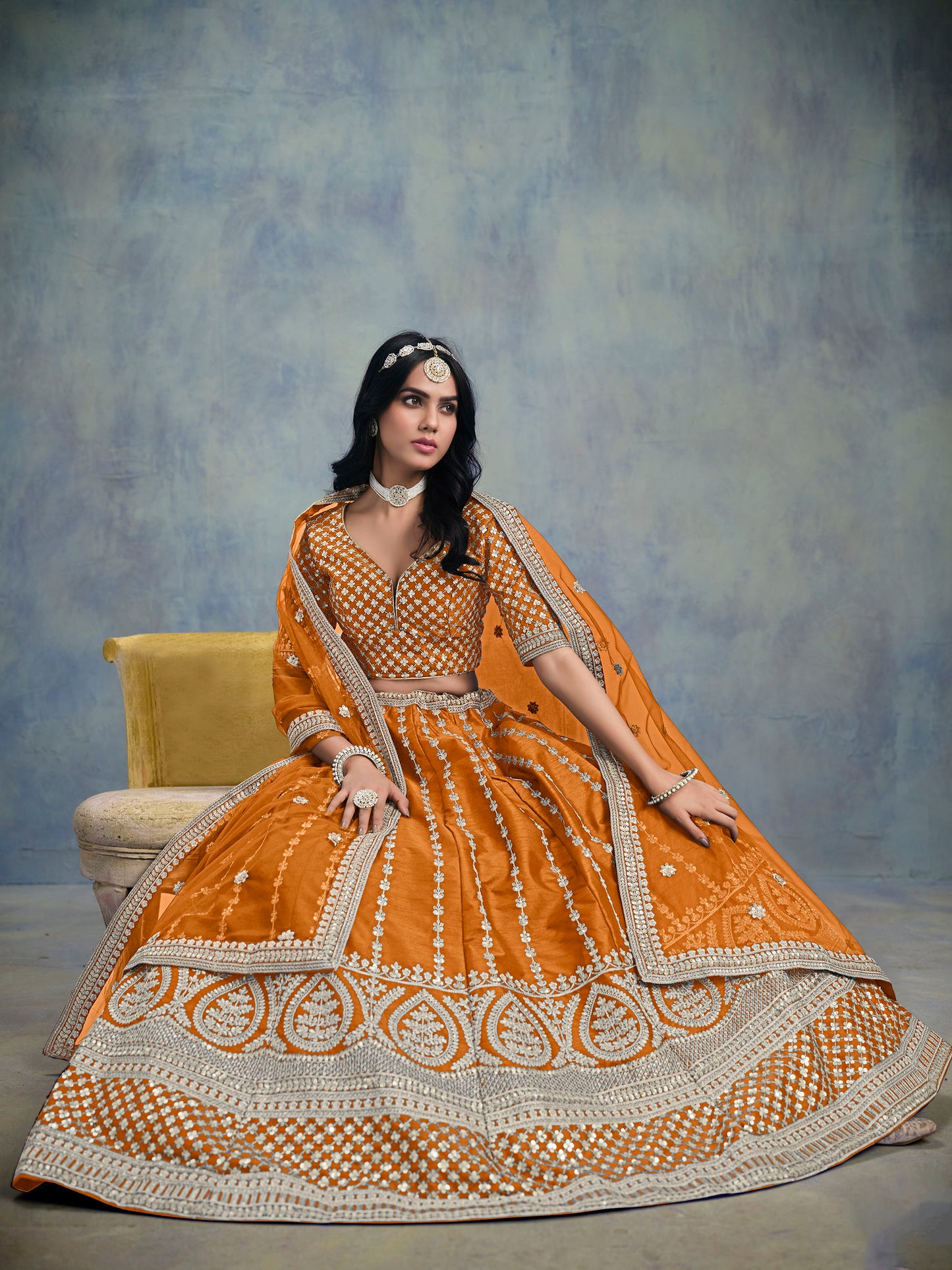 Mustard Art Silk Heavy Sequins Embroidered Haldi Lehenga