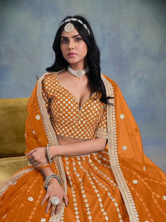 Mustard Art Silk Heavy Sequins Embroidered Haldi Lehenga