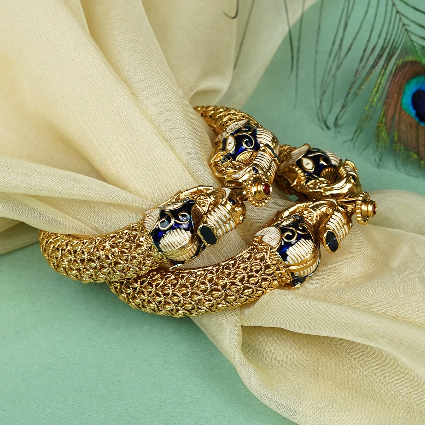 Zevar Club Set of 2 22K Gold-Plated Handcrafted Panther-Head Bangles with Blue Enamel & Black Stone Accents for Women
