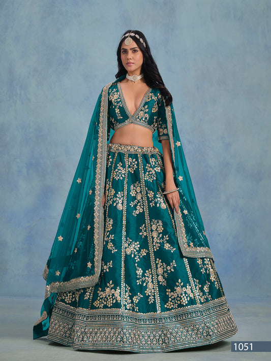 Green Art Silk Heavy Sequins and Thread Embroidered Bridesmaid Lehenga
