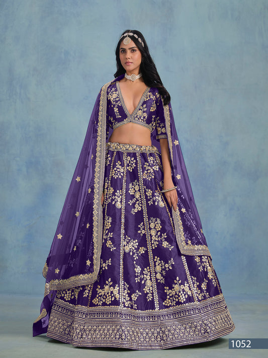 Purple Art Silk Heavy Sequins and Thread Embroidered Sangeet Lehenga