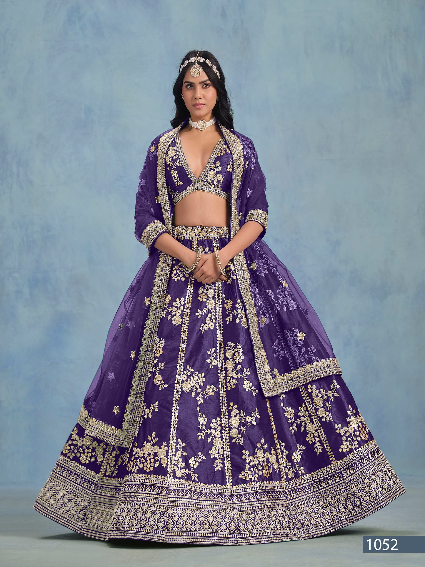 Purple Art Silk Heavy Sequins and Thread Embroidered Sangeet Lehenga
