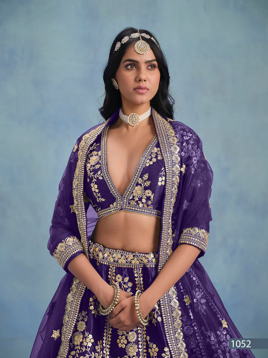 Purple Art Silk Heavy Sequins and Thread Embroidered Sangeet Lehenga