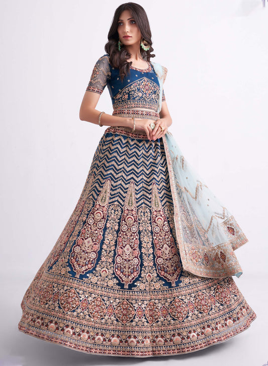 Persian Blue Zarkan Embroidery Net Bridesmaid Lehenga