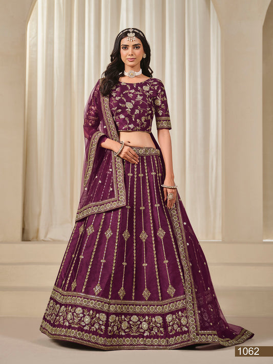 Purple Thread & Sequins Art Silk Wedding Guest Lehenga