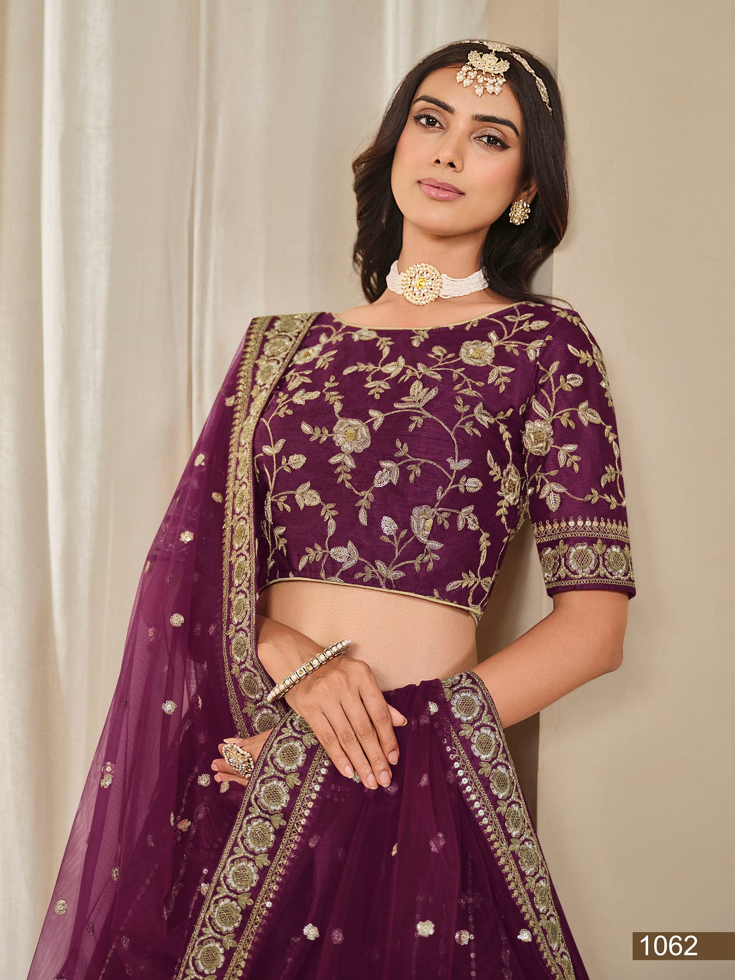Purple Thread & Sequins Art Silk Wedding Guest Lehenga