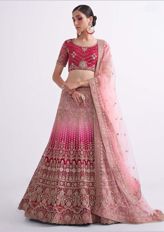 Shaded Rani Pink Zarkan Embroidery Net Bridesmaid Lehenga