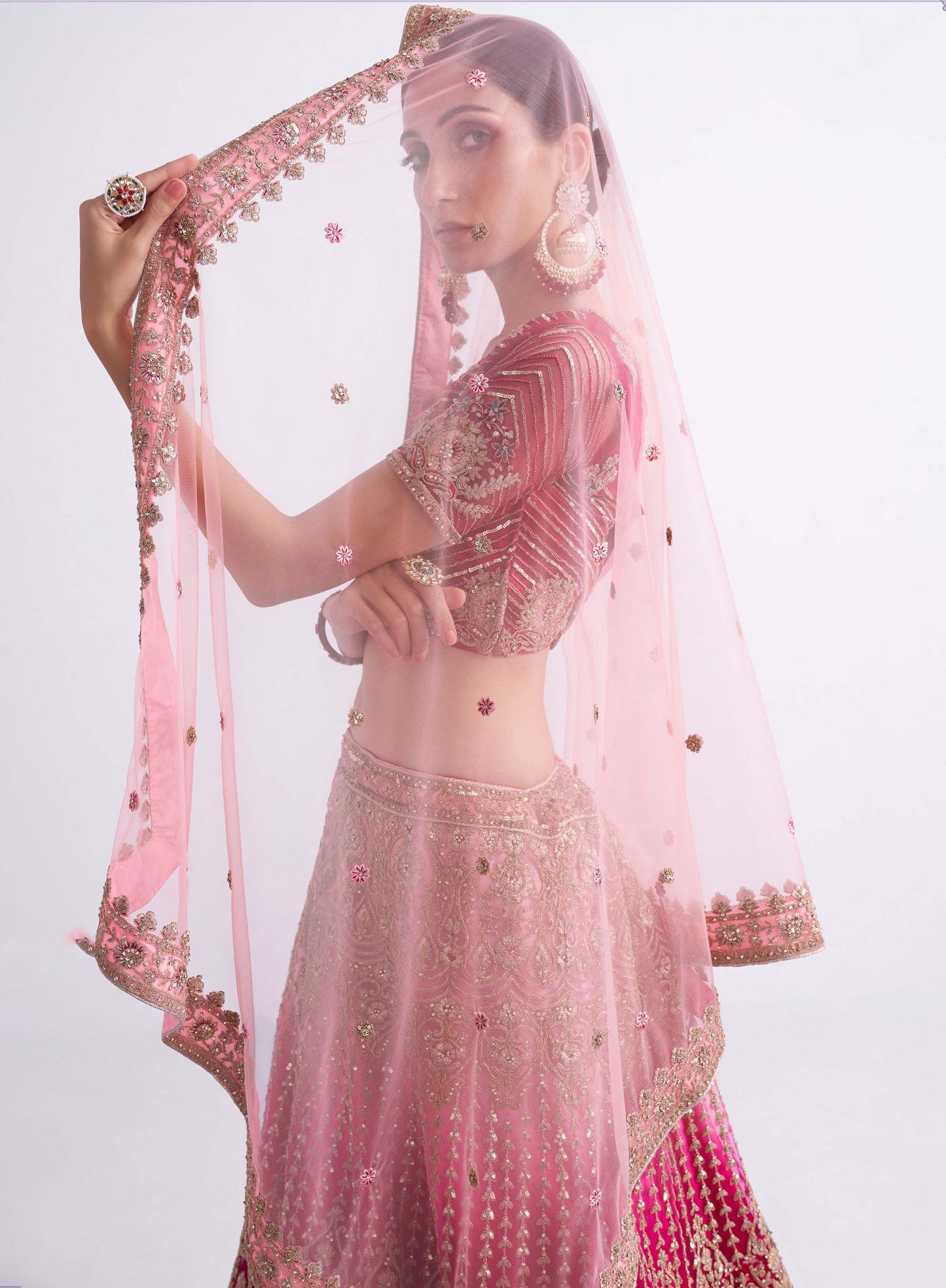 Shaded Rani Pink Zarkan Embroidery Net Bridesmaid Lehenga