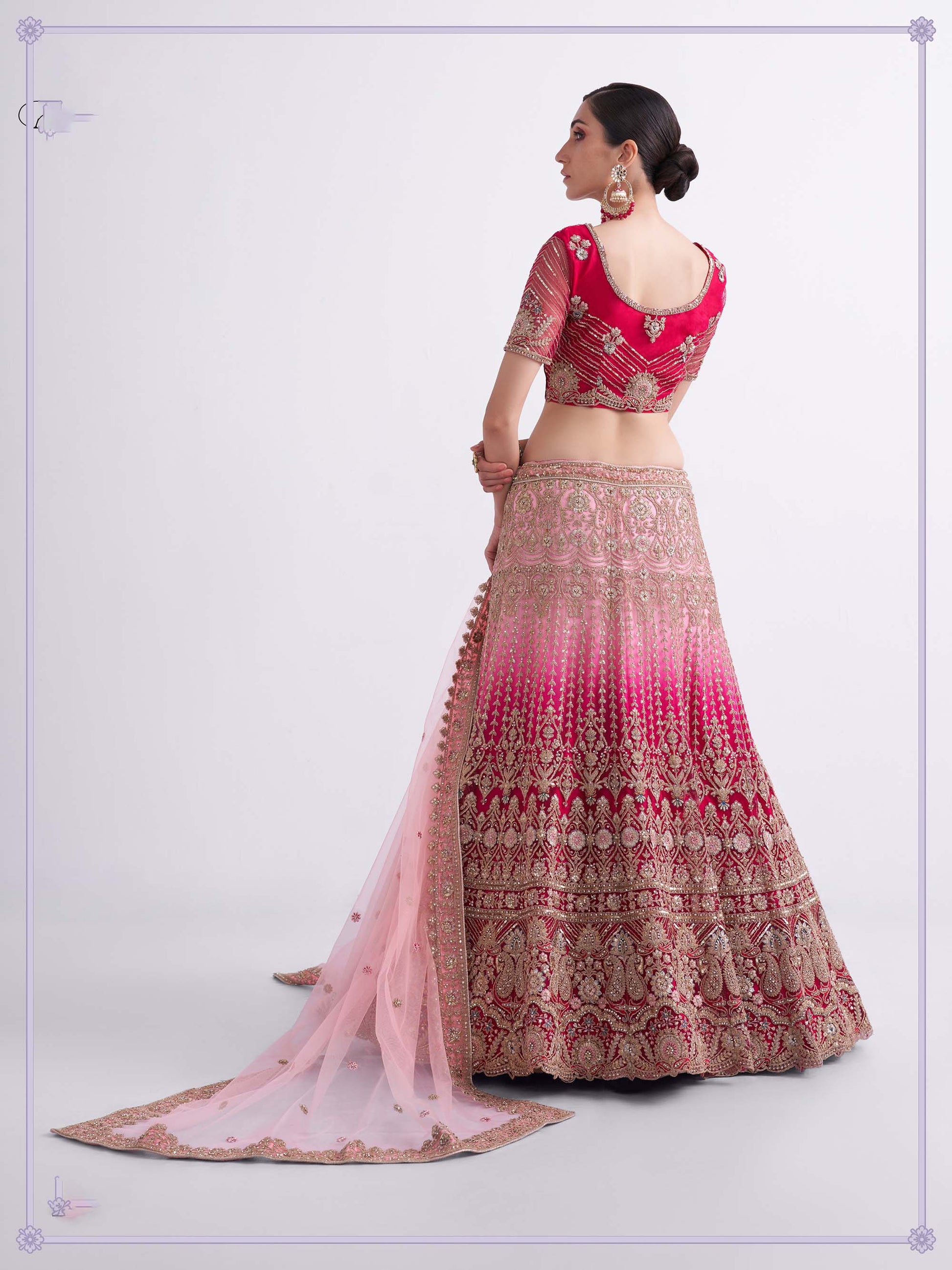 Shaded Rani Pink Zarkan Embroidery Net Bridesmaid Lehenga