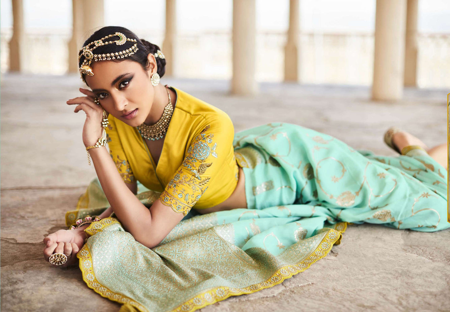 Aqua green Dola Silk Sequins Sindhuri Rani Wedding saree