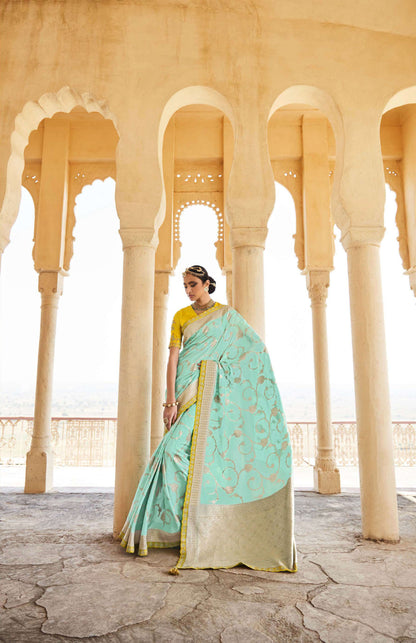 Aqua green Dola Silk Sequins Sindhuri Rani Wedding saree