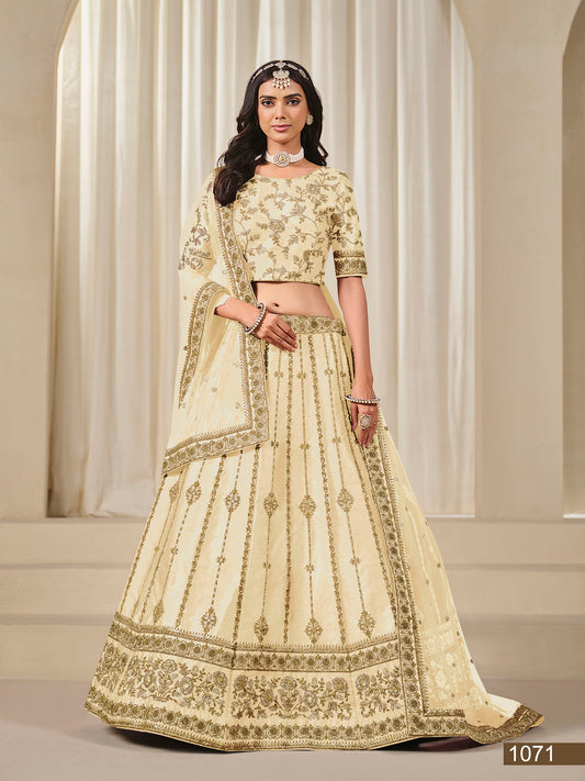 Cream Thread & Sequins Art Silk Wedding Guest Lehenga