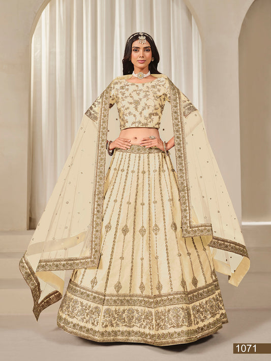Cream Thread & Sequins Art Silk Wedding Guest Lehenga