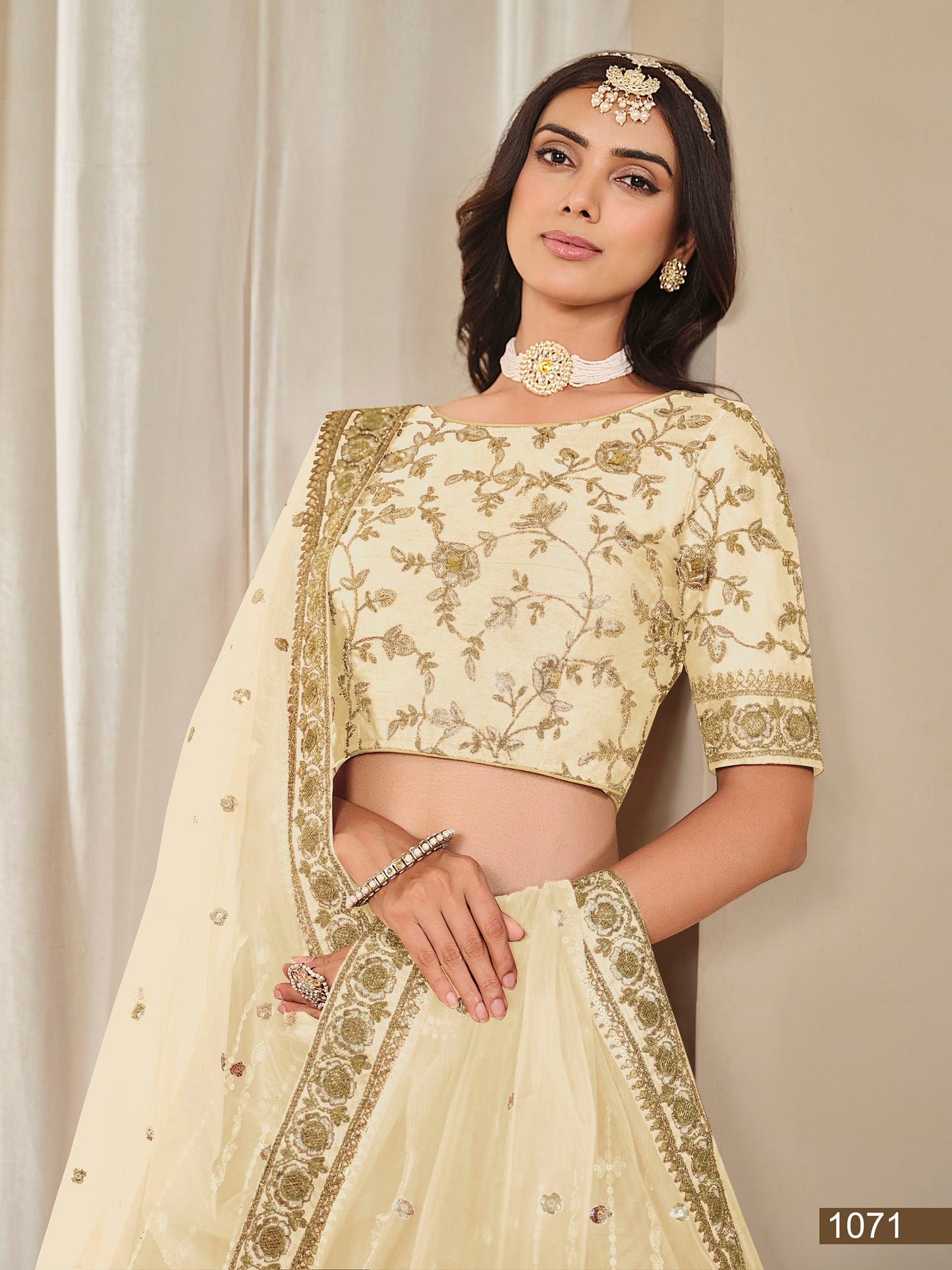 Cream Thread & Sequins Art Silk Wedding Guest Lehenga