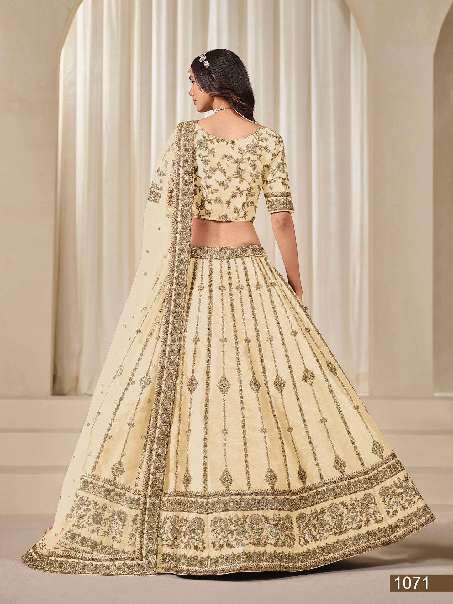 Cream Thread & Sequins Art Silk Wedding Guest Lehenga
