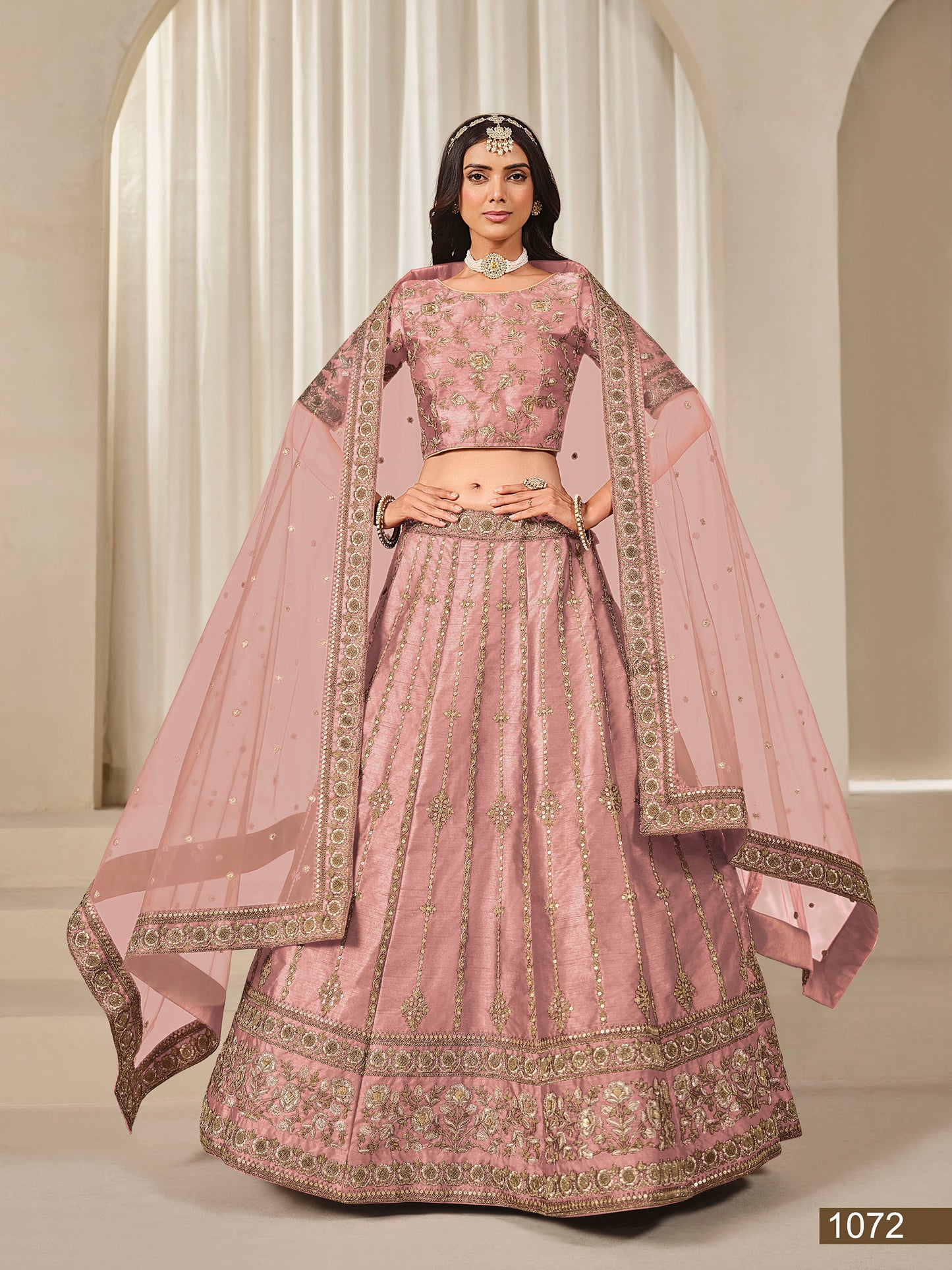 Peach Thread & Sequins Art Silk Wedding Guest Lehenga