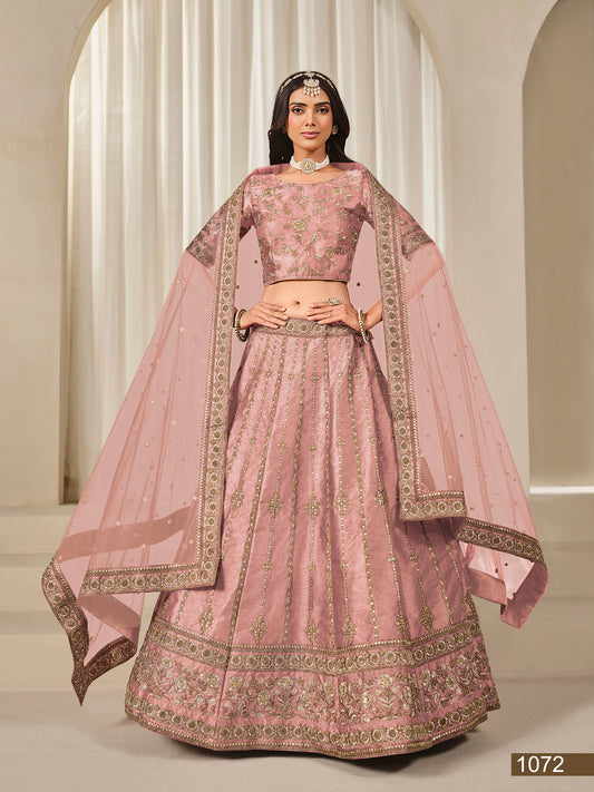 Peach Thread & Sequins Art Silk Wedding Guest Lehenga