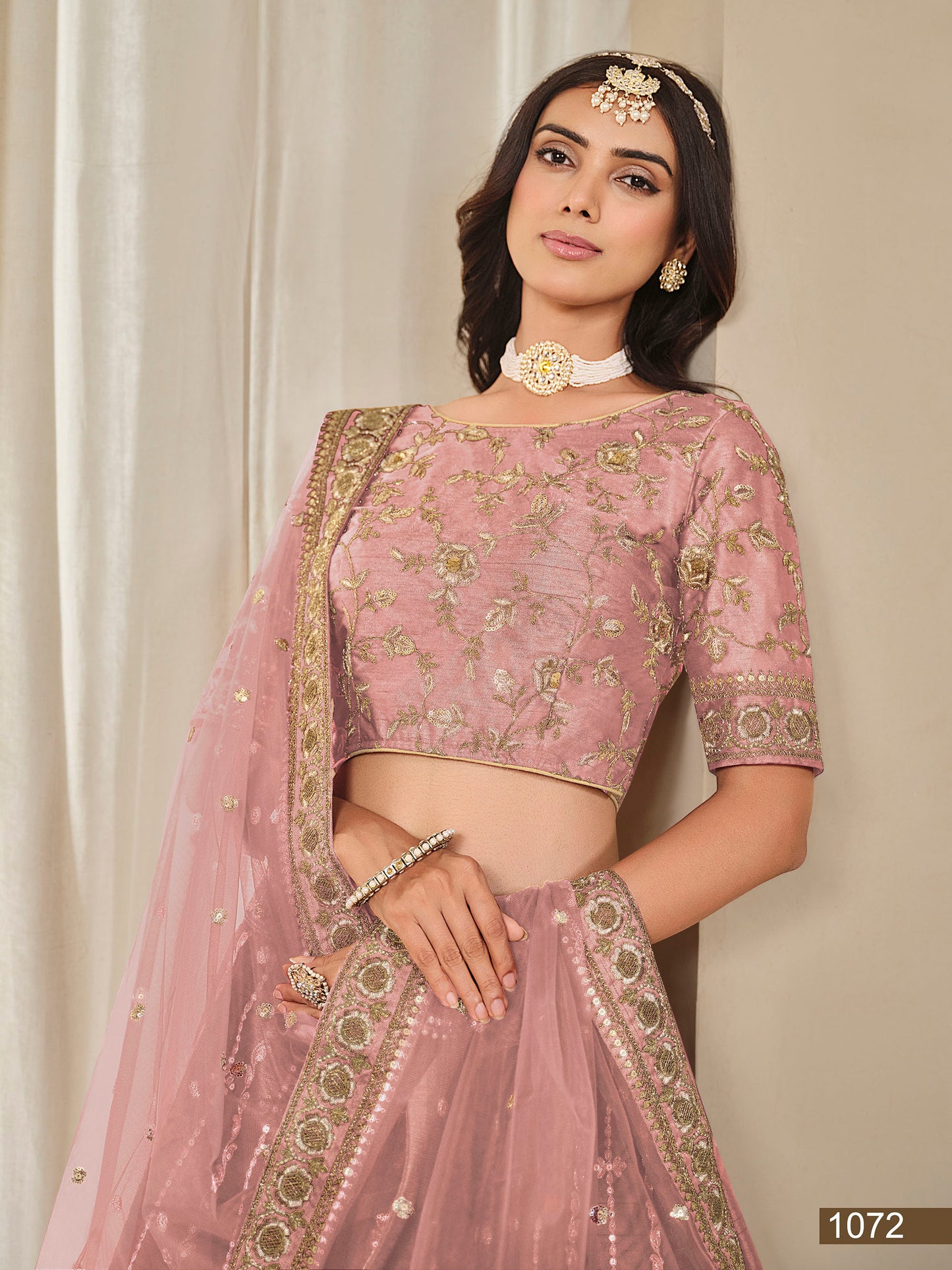 Peach Thread & Sequins Art Silk Wedding Guest Lehenga