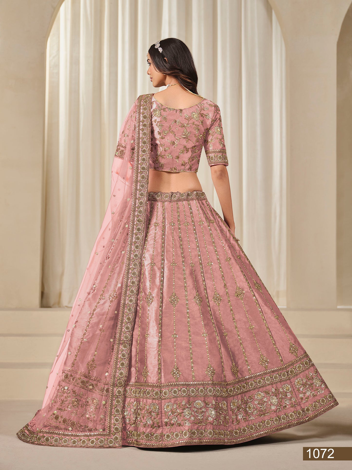 Peach Thread & Sequins Art Silk Wedding Guest Lehenga