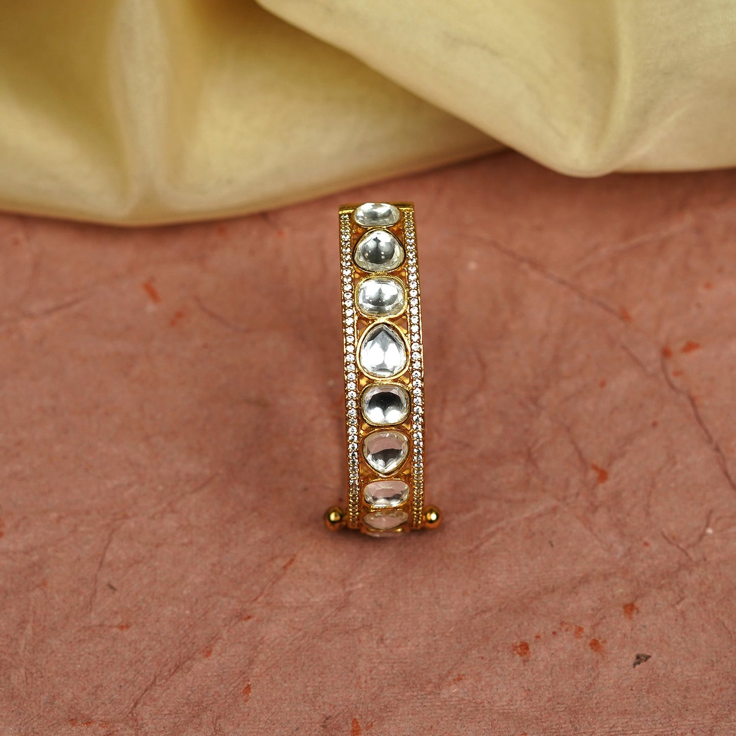 Zevar Club 22K Gold-Plated Handcrafted Kundan & Zirconia Studded Openable Bangle-Style Bracelet with Textured Mesh Design