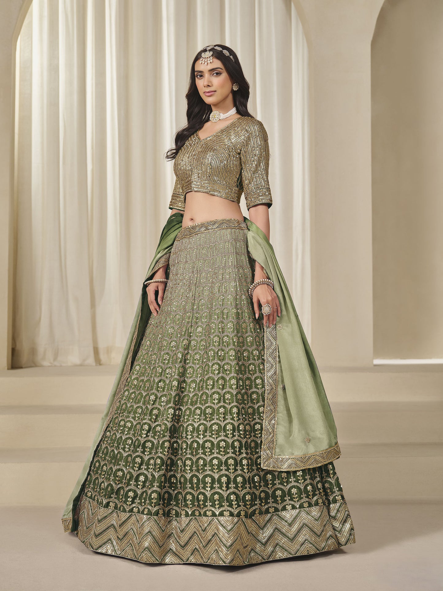 Green Thread & Sequins Embroidered Chinnon Silk Mehendi Lehenga