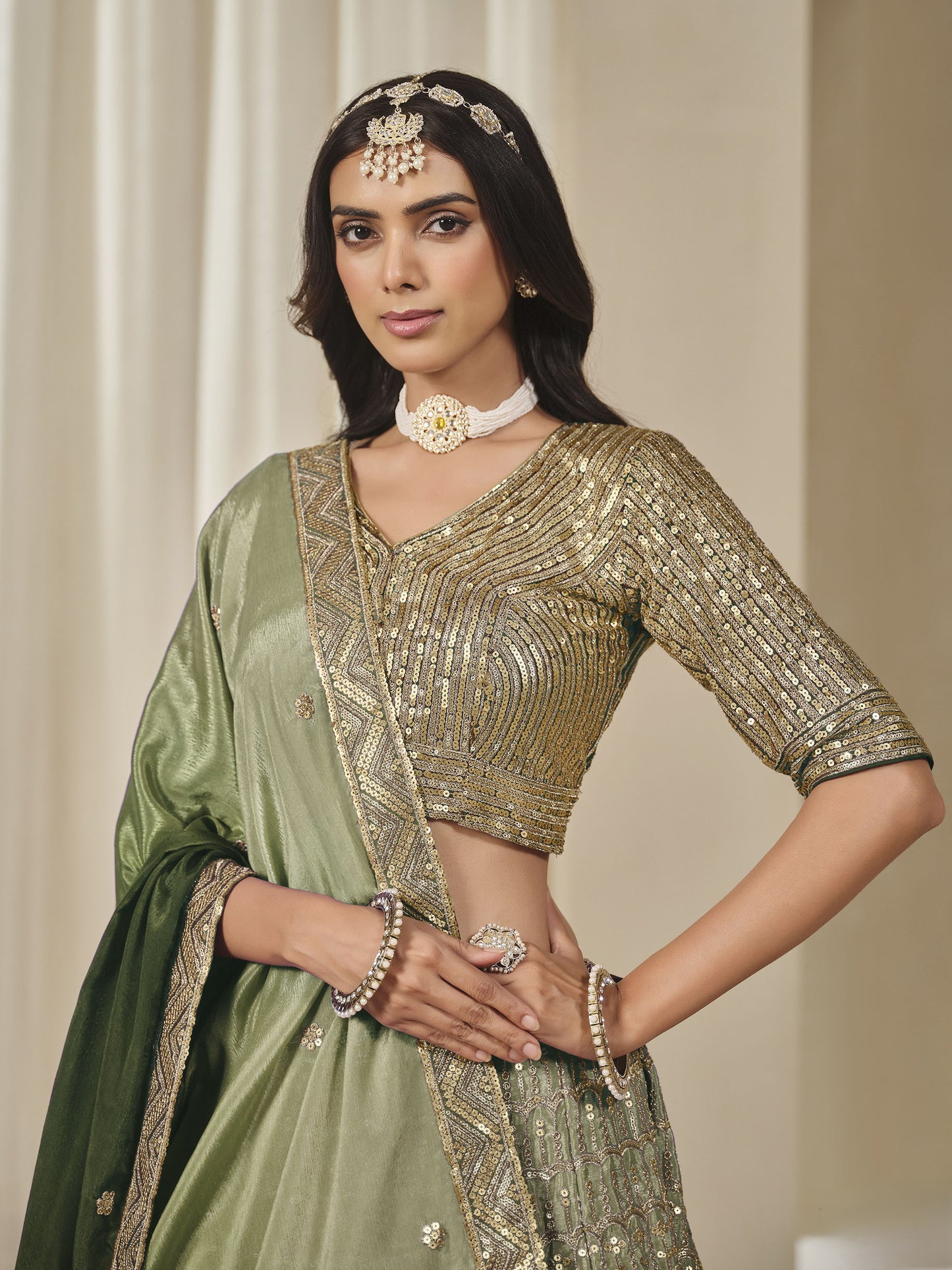 Green Thread & Sequins Embroidered Chinnon Silk Mehendi Lehenga