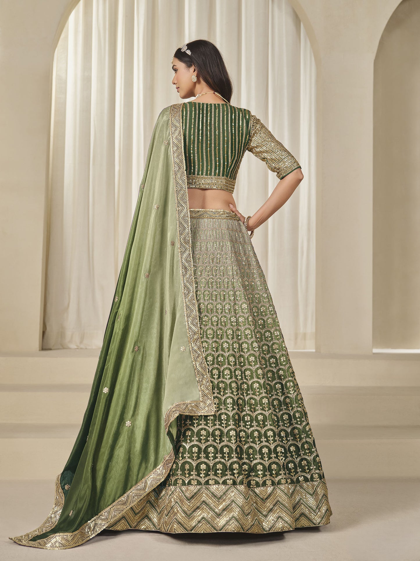 Green Thread & Sequins Embroidered Chinnon Silk Mehendi Lehenga