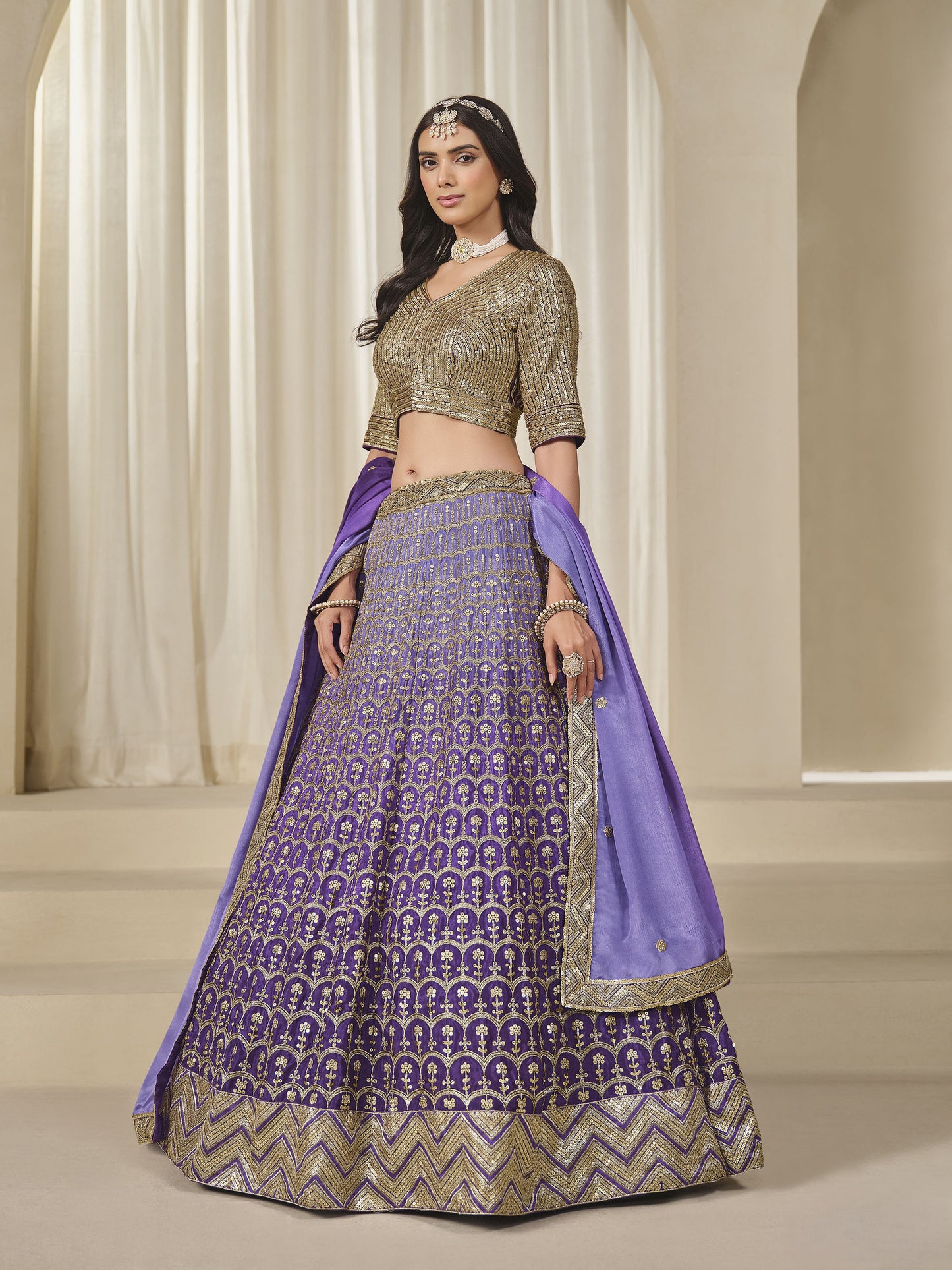 Purple Thread & Sequins Embroidered Chinnon Silk Sangeet Lehenga