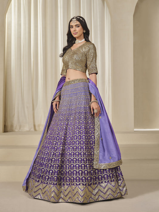 Purple Thread & Sequins Embroidered Chinnon Silk Sangeet Lehenga