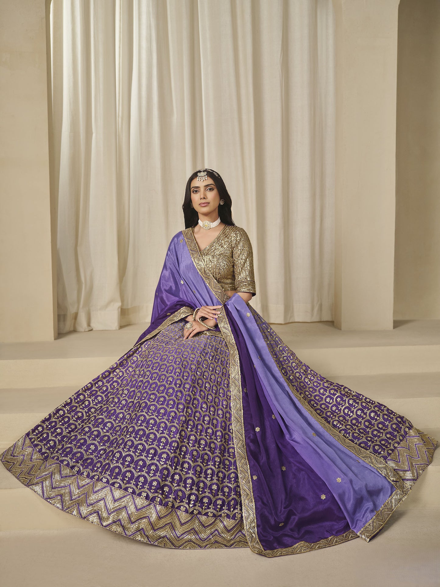 Purple Thread & Sequins Embroidered Chinnon Silk Sangeet Lehenga