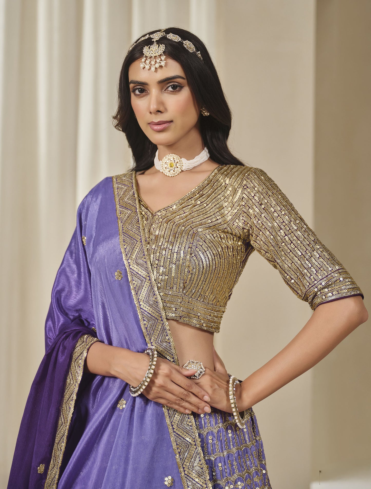 Purple Thread & Sequins Embroidered Chinnon Silk Sangeet Lehenga