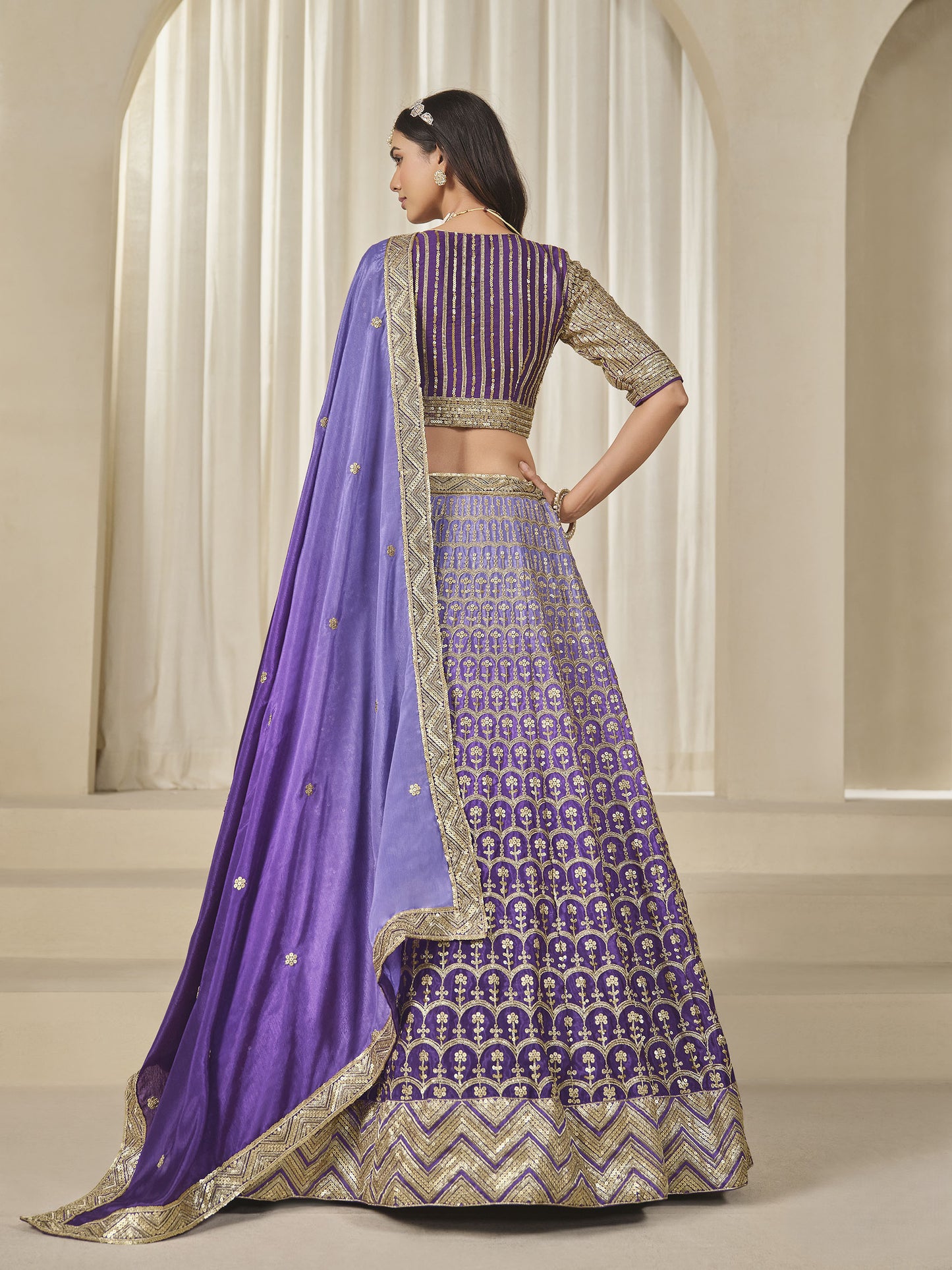 Purple Thread & Sequins Embroidered Chinnon Silk Sangeet Lehenga
