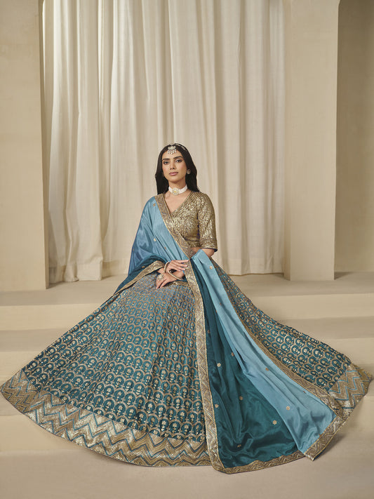 Blue Thread & Sequins Embroidered Chinnon Silk Lehenga