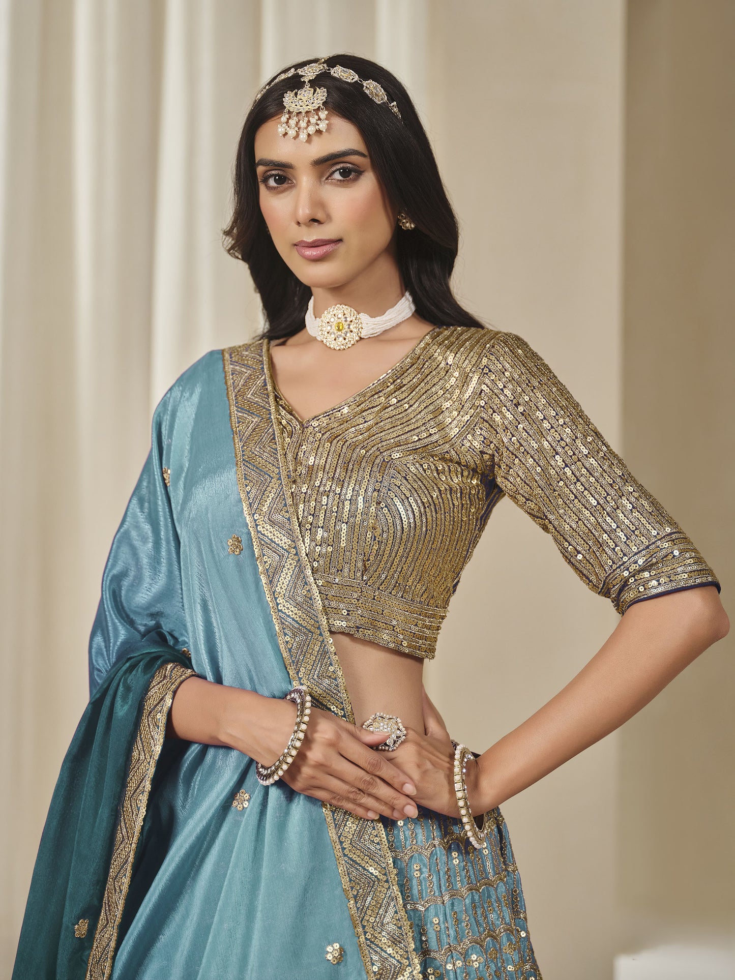 Blue Thread & Sequins Embroidered Chinnon Silk Lehenga