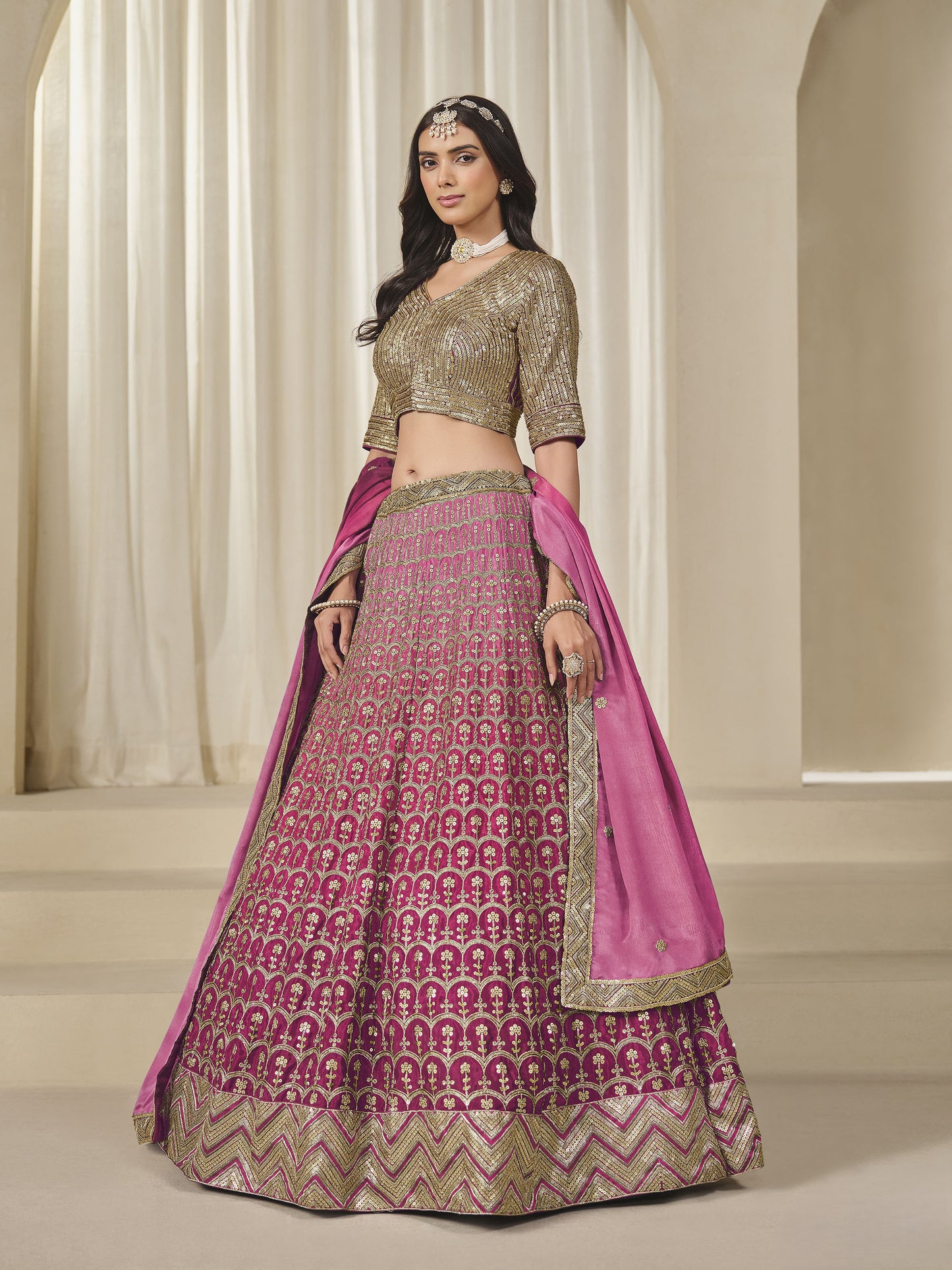 Pink Thread & Sequins Embroidered Chinnon Silk Sangeet Lehenga