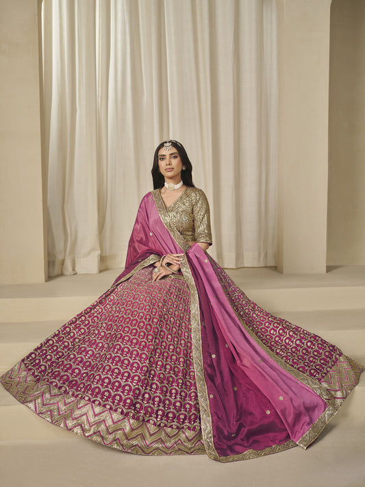 Pink Thread & Sequins Embroidered Chinnon Silk Sangeet Lehenga