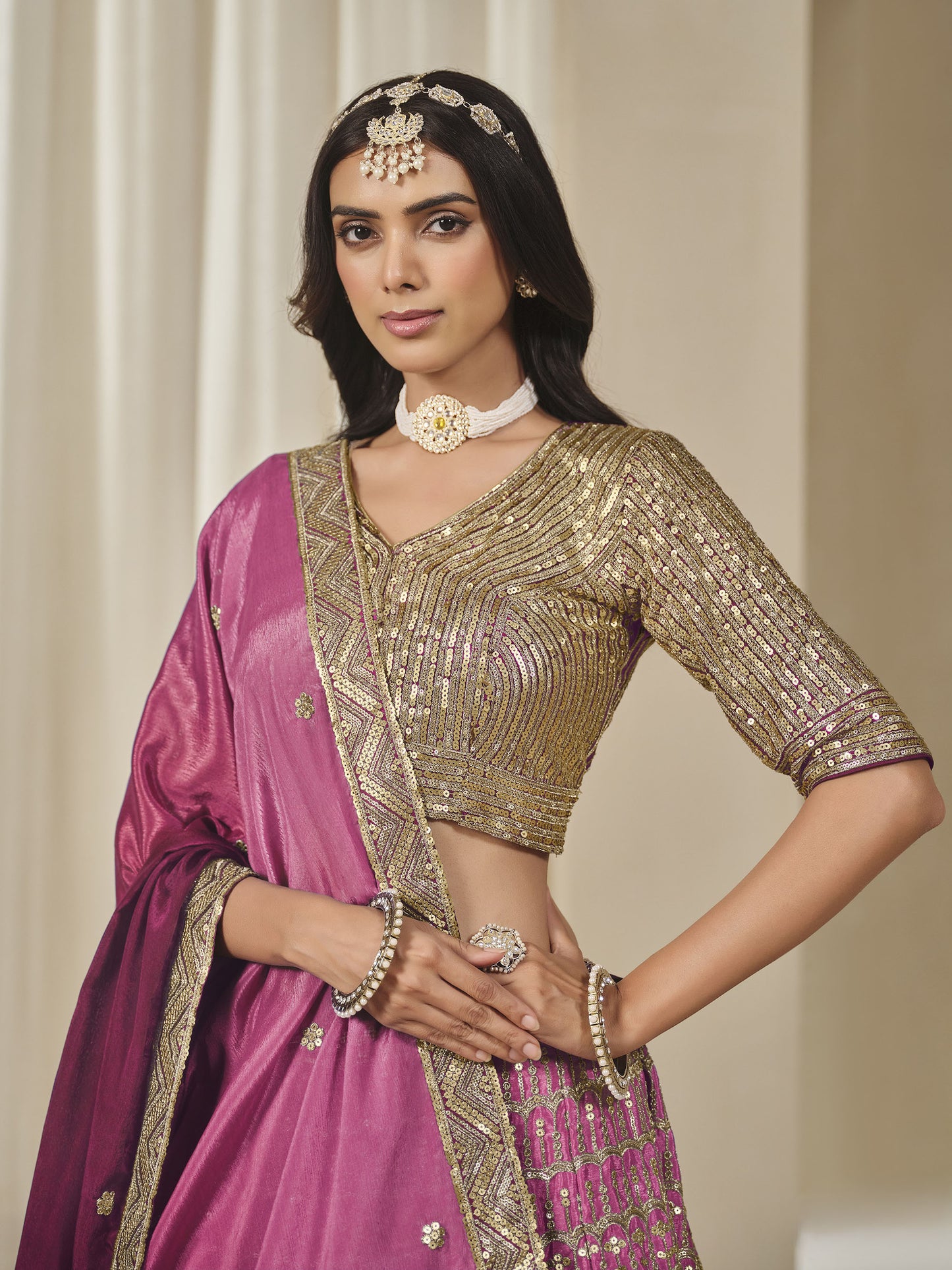 Pink Thread & Sequins Embroidered Chinnon Silk Sangeet Lehenga