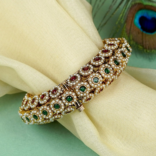 Zevar Club Gold Tone Ruby Red & Emerald Green Stone Studded Pearl Beaded Handcrafted Bracelet for Women