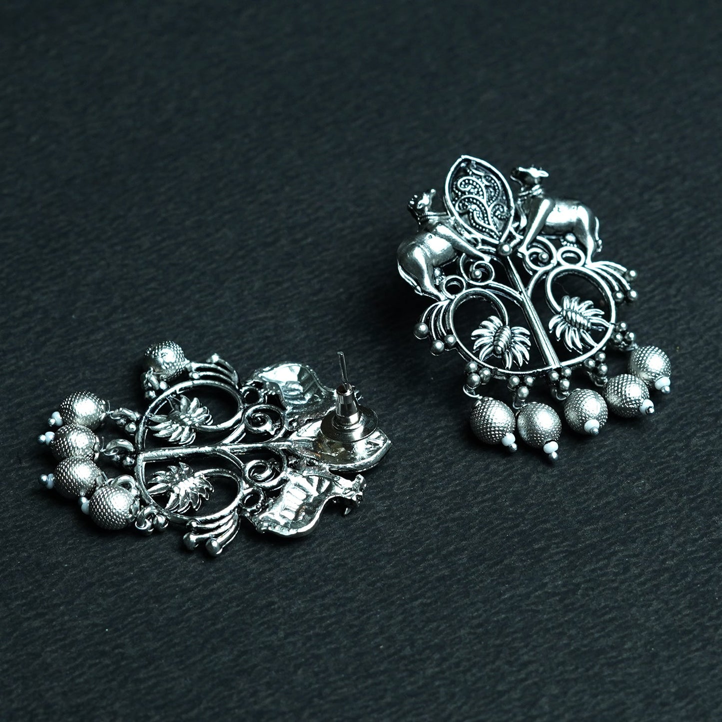 Zevar Club Oxidised Gold-Tone Cow Motif Dangler Earrings with Beads – Antique Statement Jewelry