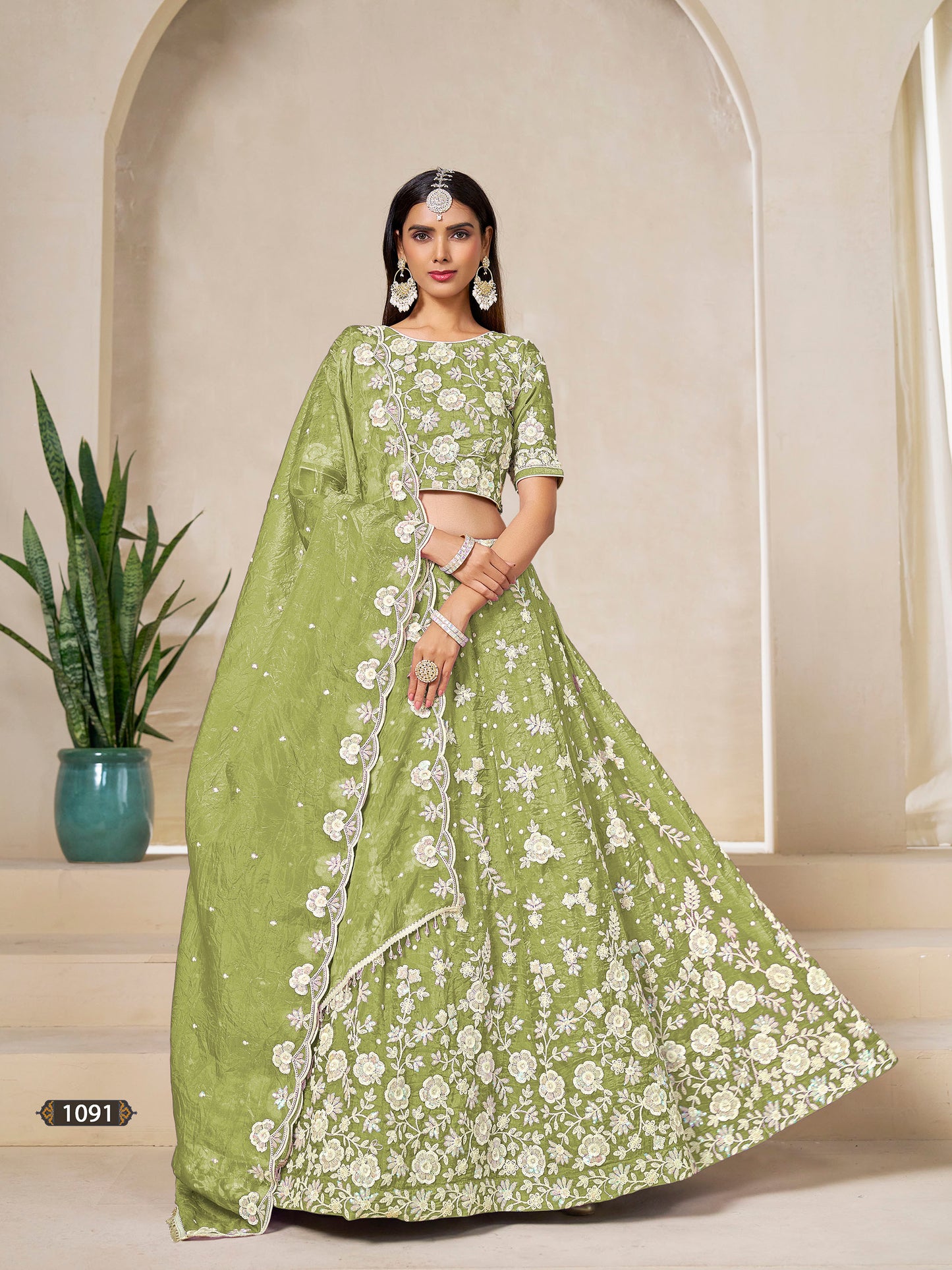 Green Organza Sequins Embroidered Mehendi Lehenga