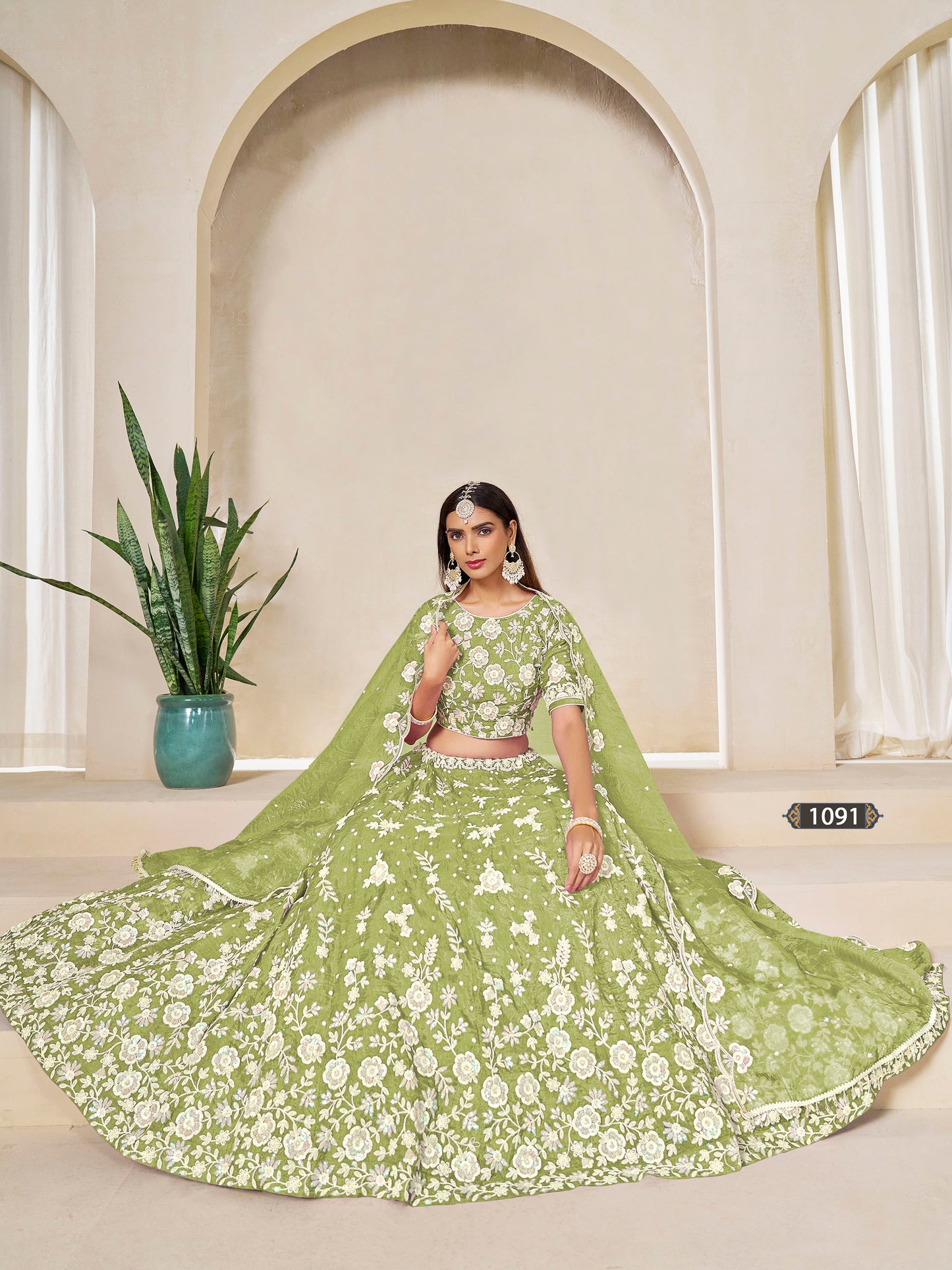 Green Organza Sequins Embroidered Mehendi Lehenga
