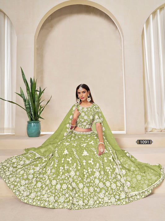 Green Organza Sequins Embroidered Mehendi Lehenga