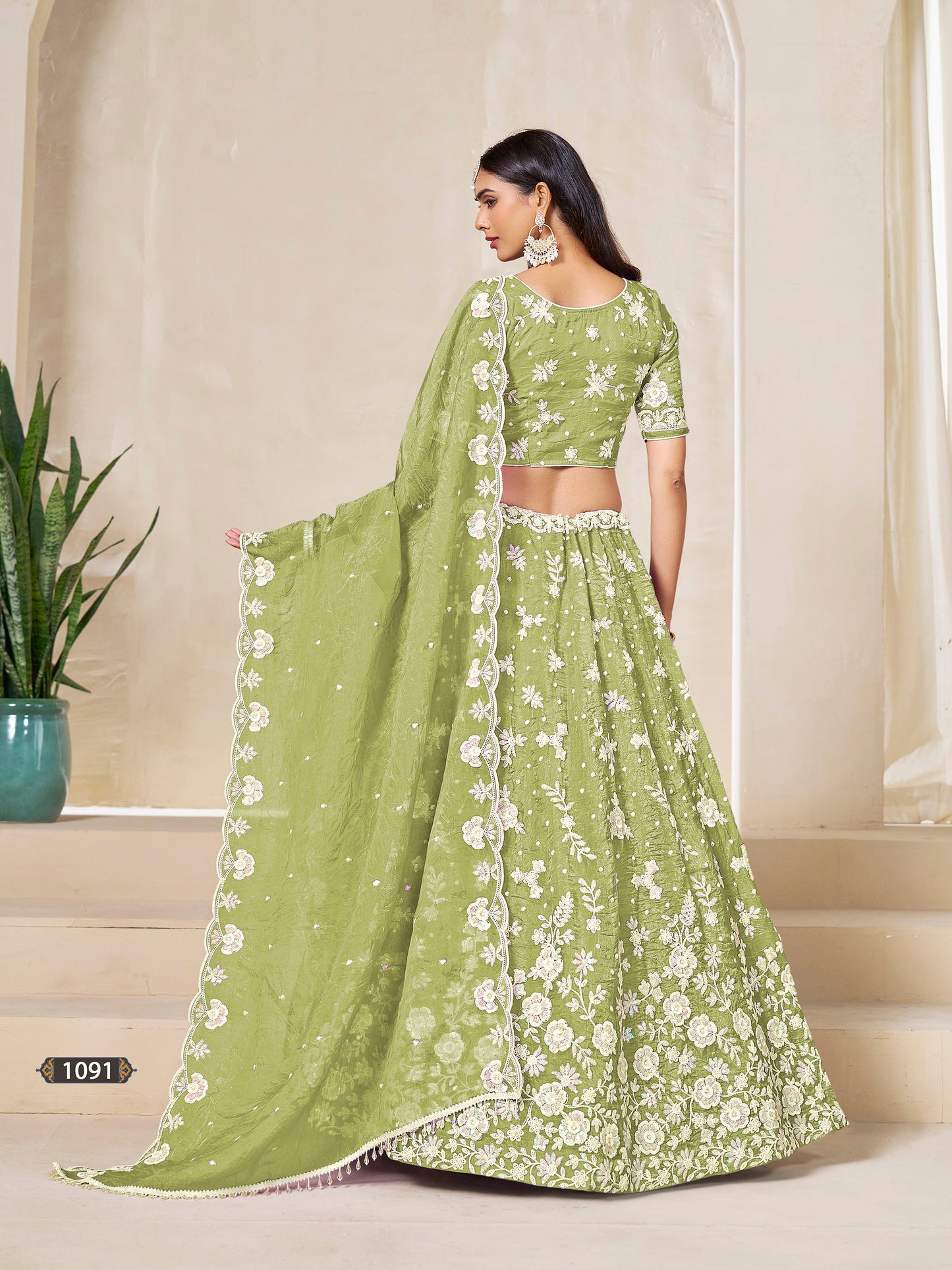 Green Organza Sequins Embroidered Mehendi Lehenga