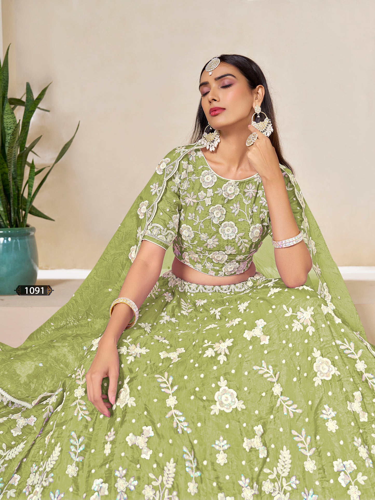 Green Organza Sequins Embroidered Mehendi Lehenga